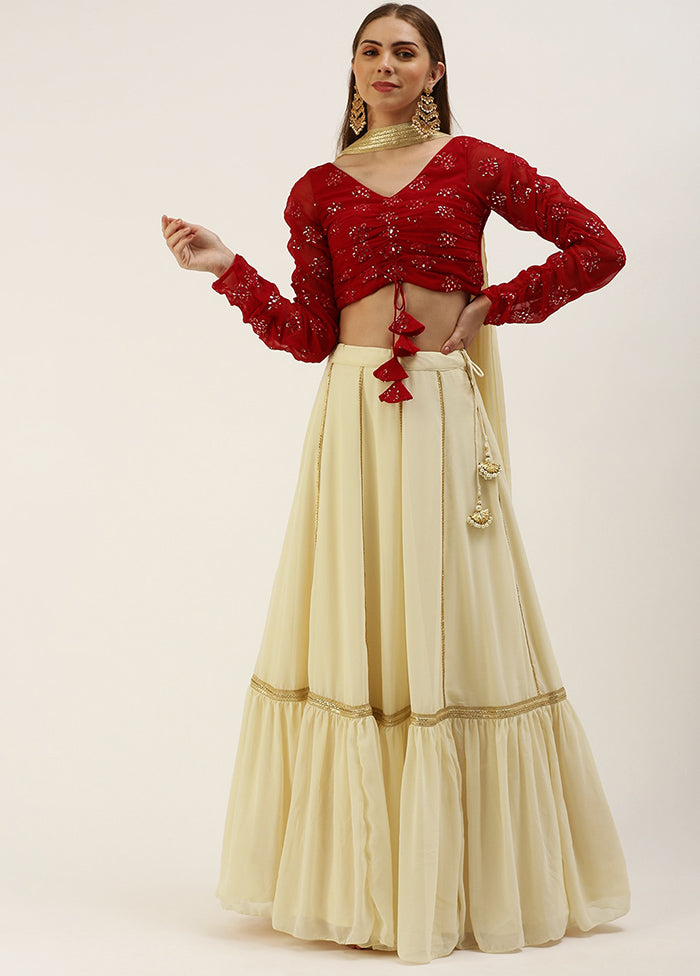 3 Pc Off White Georgette Readymade Lehenga Set