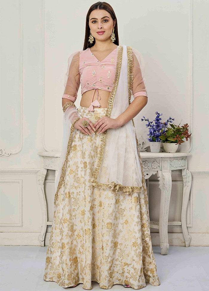 3 Pc White Silk Readymade Lehenga Set