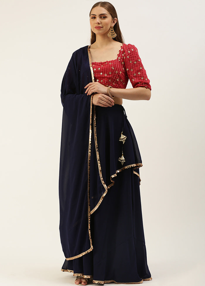 3 Pc Navy Blue Georgette Readymade Lehenga Set