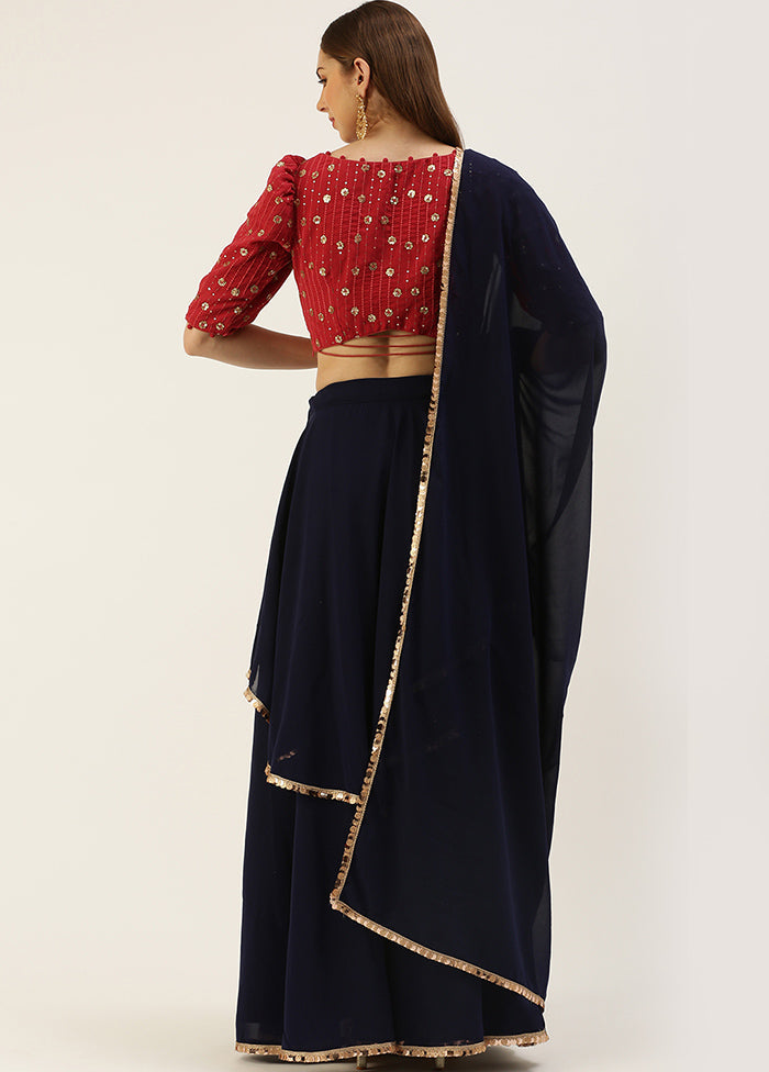 3 Pc Navy Blue Georgette Readymade Lehenga Set