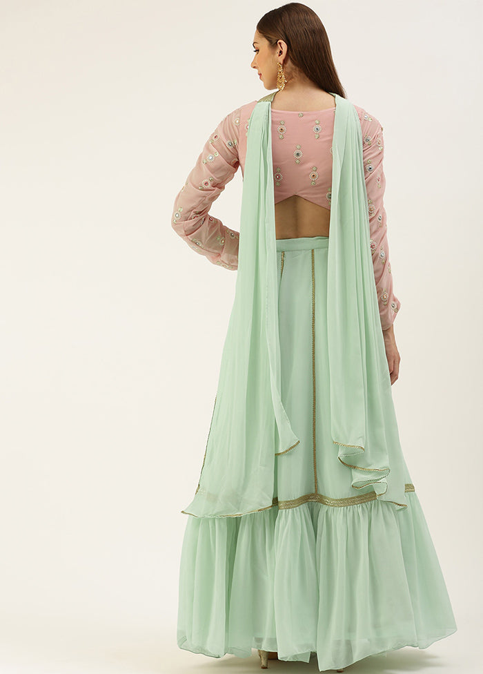 3 Pc Green Georgette Readymade Lehenga Set