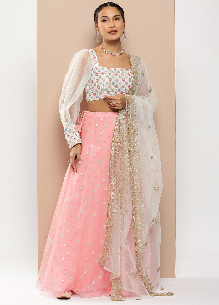 3 Pc Pink Net Readymade Lehenga Set