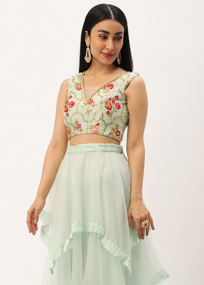 3 Pc Green Net Readymade Lehenga Set