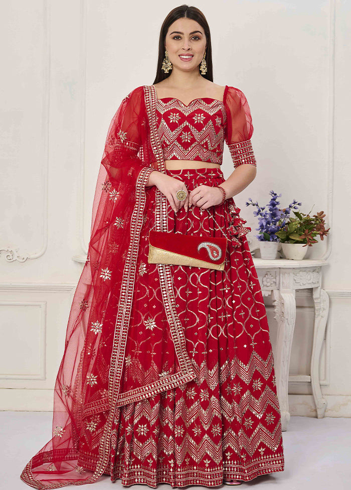 3 Pc Red Georgette Readymade Lehenga Set