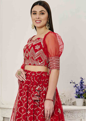 3 Pc Red Georgette Readymade Lehenga Set