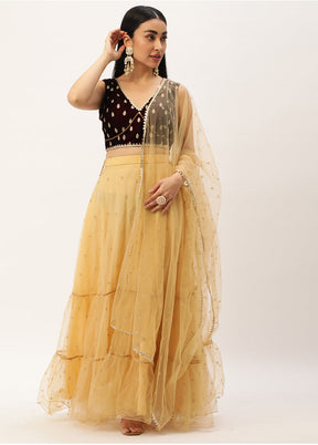 3 Pc Beige Net Readymade Lehenga Set