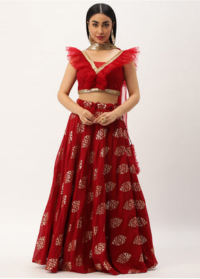 3 Pc Maroon Georgette Readymade Lehenga Set