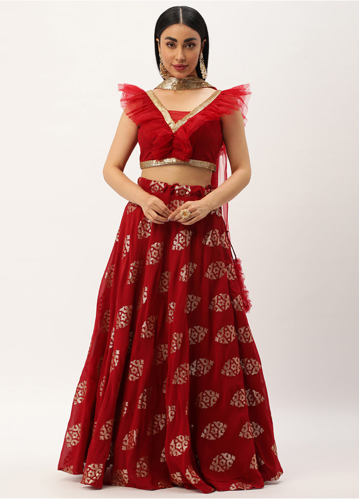 3 Pc Maroon Georgette Readymade Lehenga Set