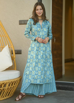 2 Pc Blue Pure Readymade Silk Kurti Set - Indian Silk House Agencies