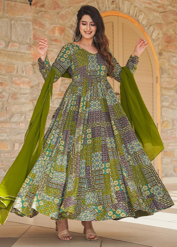 Green Readymade Rayon Dupatta Indian Dress