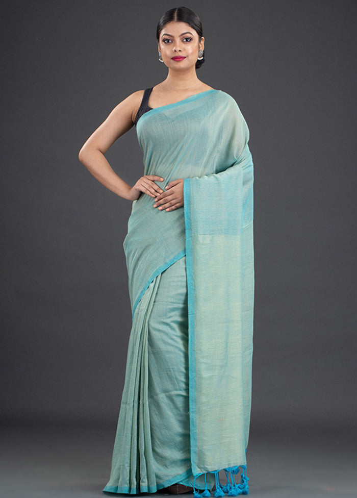 Sea Green Pure Cotton Solid Saree With Blouse - Indian Silk House Agencies