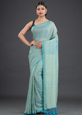 Sea Green Pure Cotton Solid Saree With Blouse - Indian Silk House Agencies