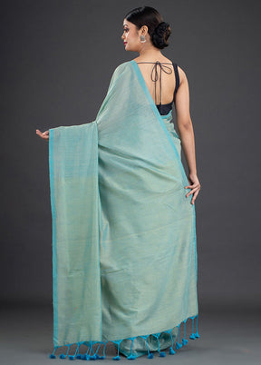 Sea Green Pure Cotton Solid Saree With Blouse - Indian Silk House Agencies