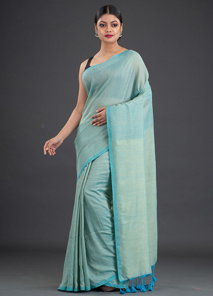 Sea Green Pure Cotton Solid Saree With Blouse - Indian Silk House Agencies