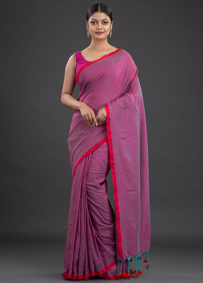 Raspberry Red Pure Cotton Solid Saree With Blouse - Indian Silk House Agencies