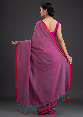 Raspberry Red Pure Cotton Solid Saree With Blouse - Indian Silk House Agencies