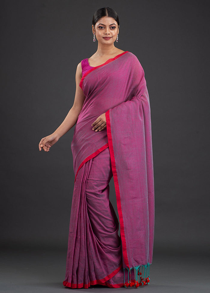 Raspberry Red Pure Cotton Solid Saree With Blouse - Indian Silk House Agencies