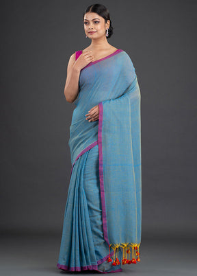 Cerulean Blue Pure Cotton Solid Saree With Blouse - Indian Silk House Agencies