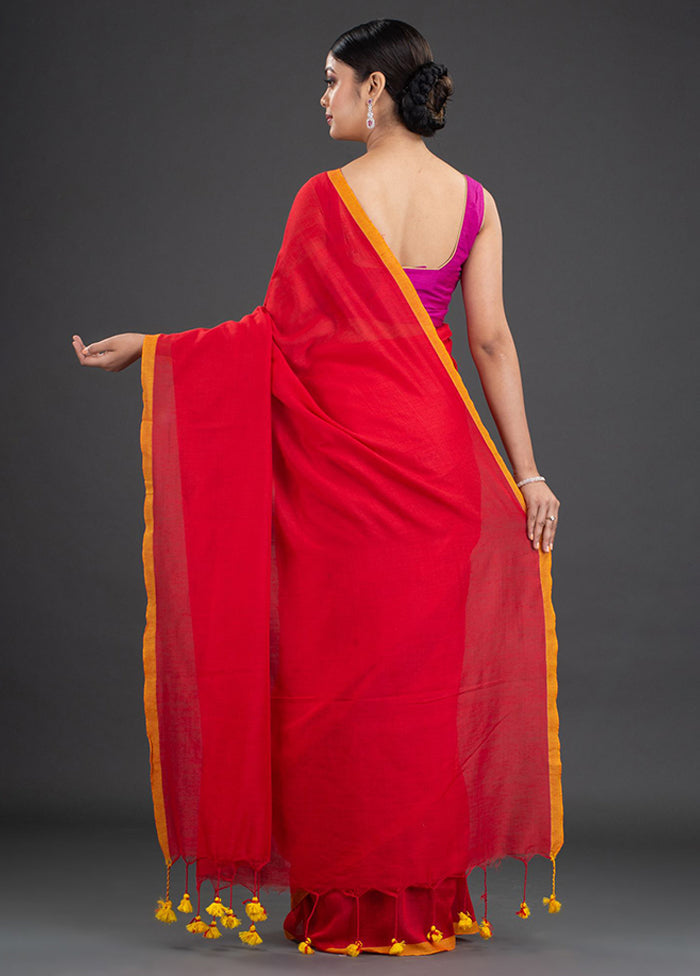 Red Pure Cotton Solid Saree With Blouse - Indian Silk House Agencies