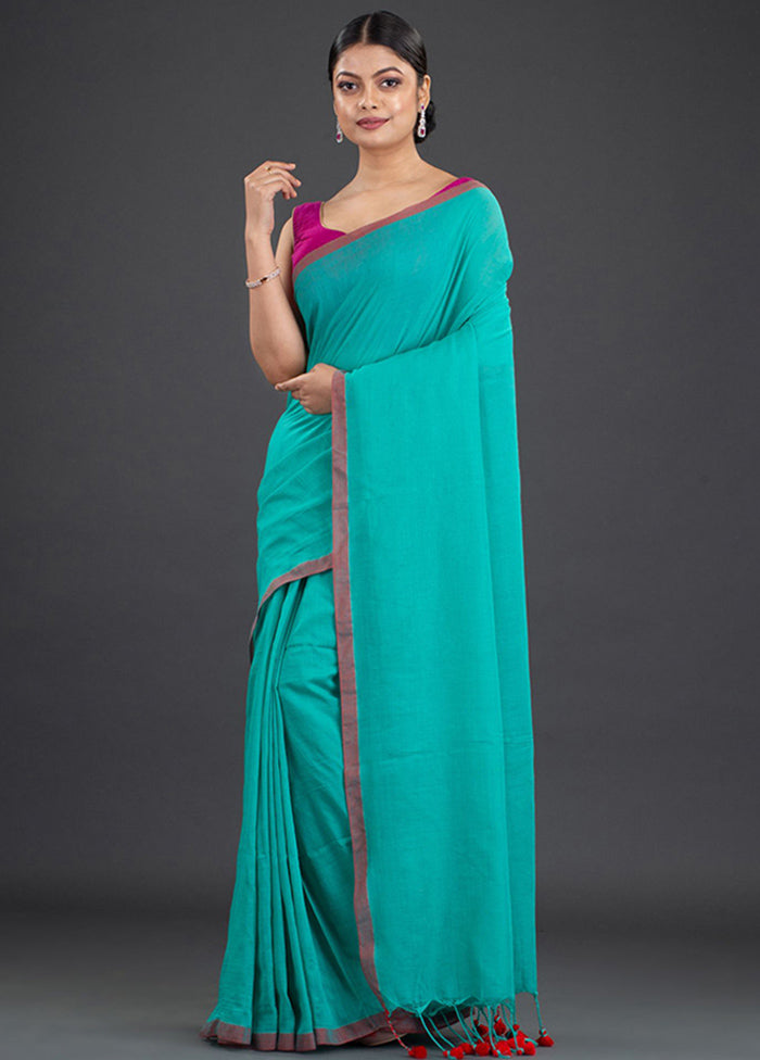 Sea Green Pure Cotton Solid Saree With Blouse - Indian Silk House Agencies