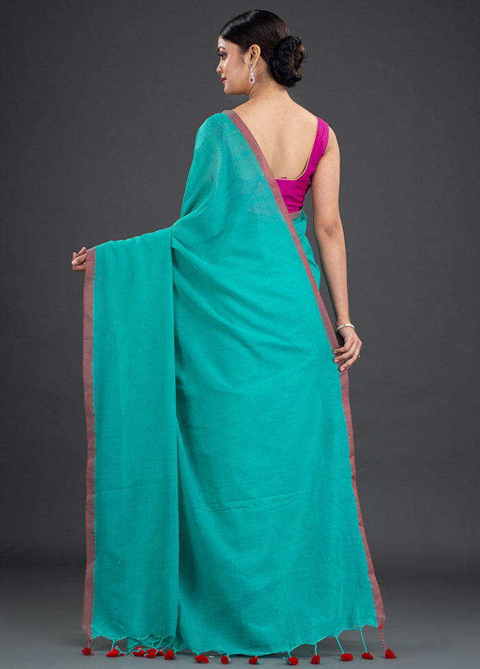 Sea Green Pure Cotton Solid Saree With Blouse - Indian Silk House Agencies