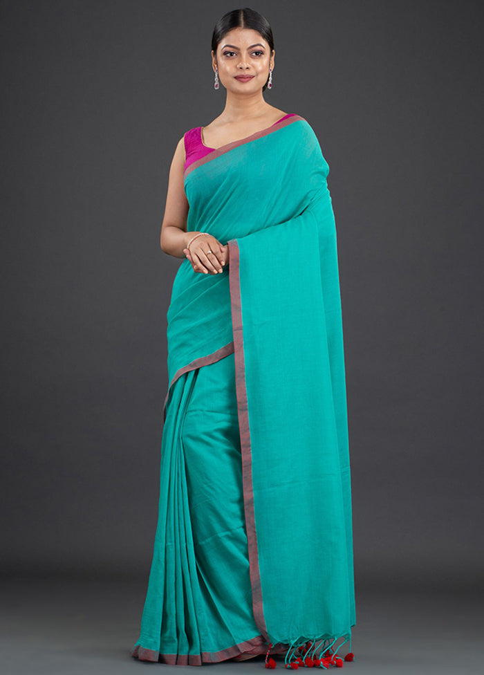 Sea Green Pure Cotton Solid Saree With Blouse - Indian Silk House Agencies