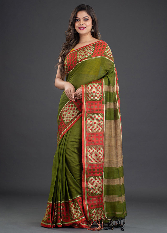 Sap Green Pure Cotton Saree With Blouse - Indian Silk House Agencies