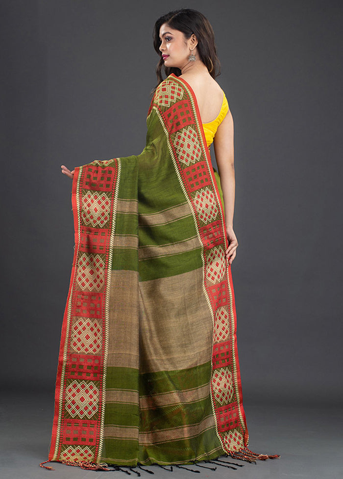 Sap Green Pure Cotton Saree With Blouse - Indian Silk House Agencies