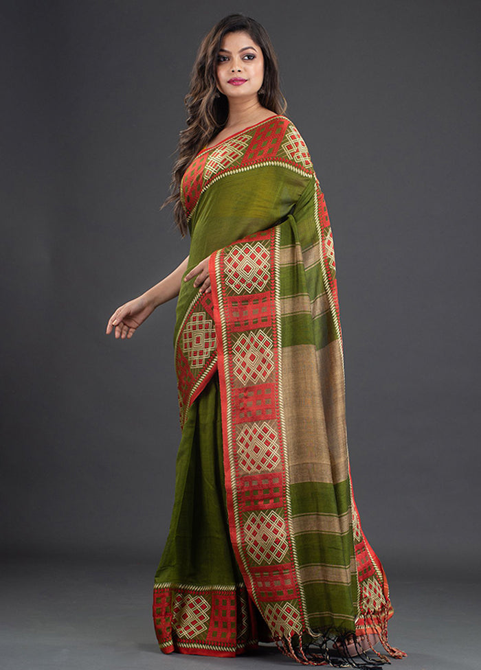 Sap Green Pure Cotton Saree With Blouse - Indian Silk House Agencies