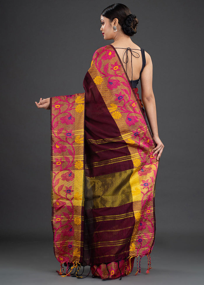 Wine Pure Cotton Floral Saree With Blouse - Indian Silk House Agencies