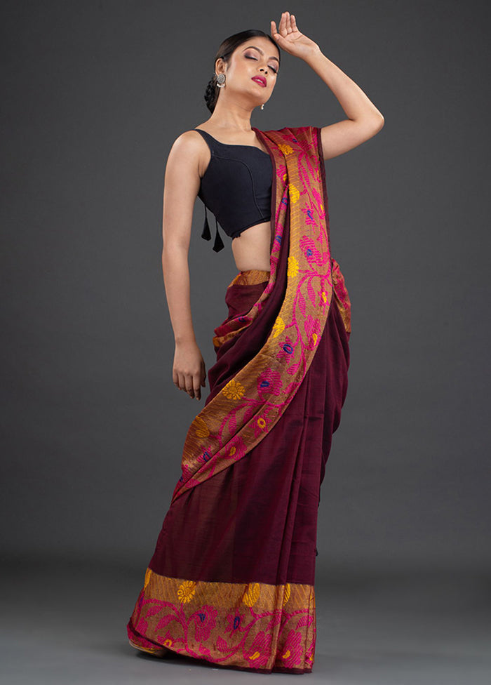 Wine Pure Cotton Floral Saree With Blouse - Indian Silk House Agencies