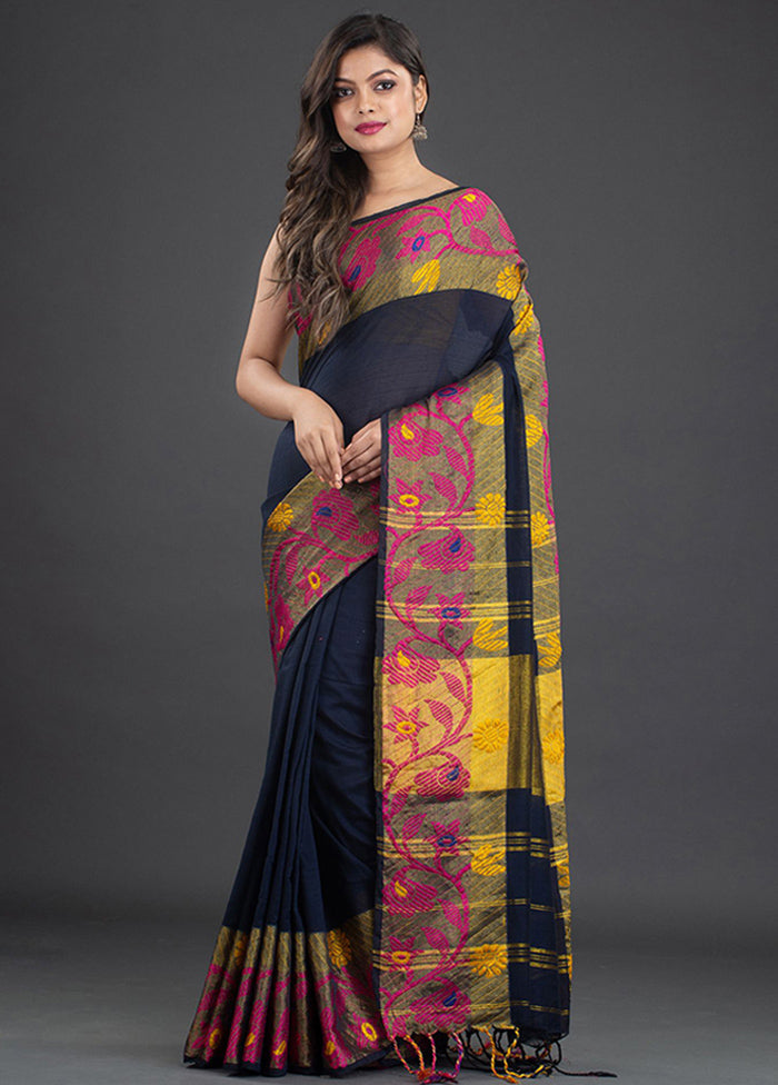 Navy Blue Pure Cotton Floral Saree With Blouse - Indian Silk House Agencies