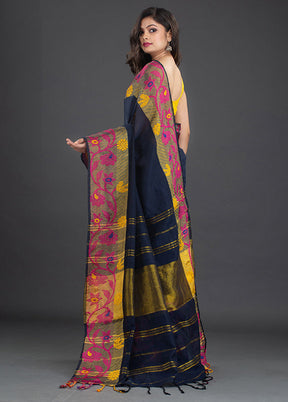 Navy Blue Pure Cotton Floral Saree With Blouse - Indian Silk House Agencies