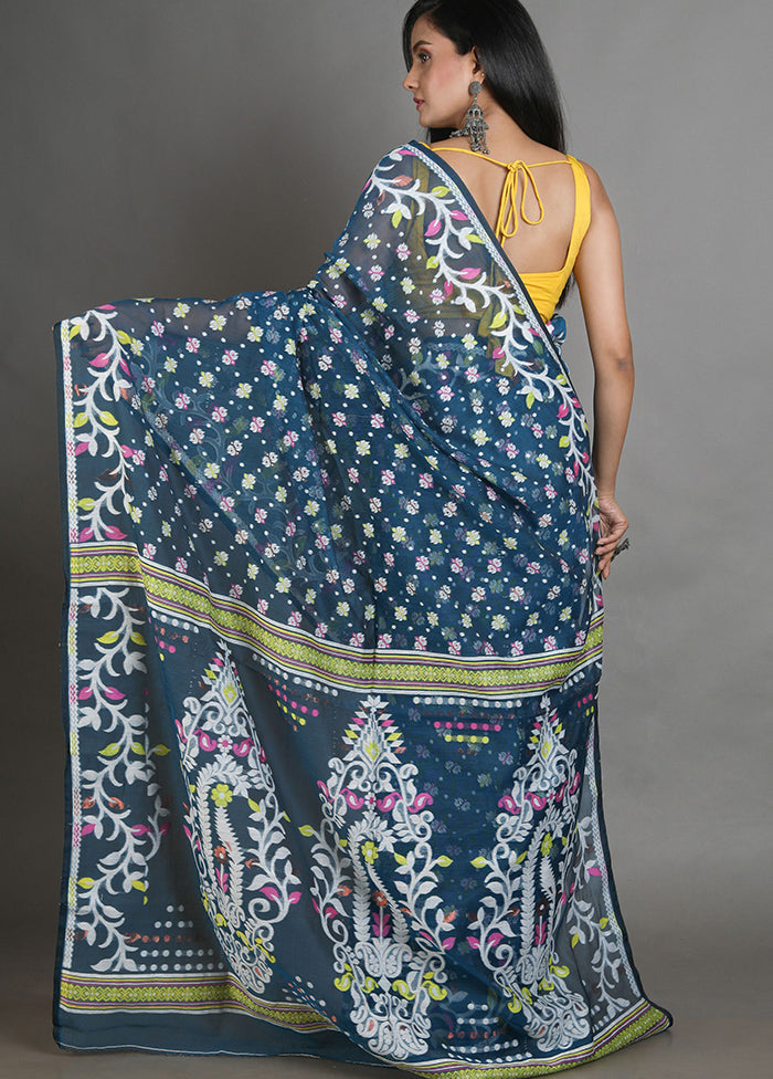 Blue Tant Jamdani Saree Without Blouse Piece - Indian Silk House Agencies