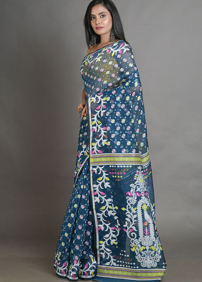 Blue Tant Jamdani Saree Without Blouse Piece - Indian Silk House Agencies