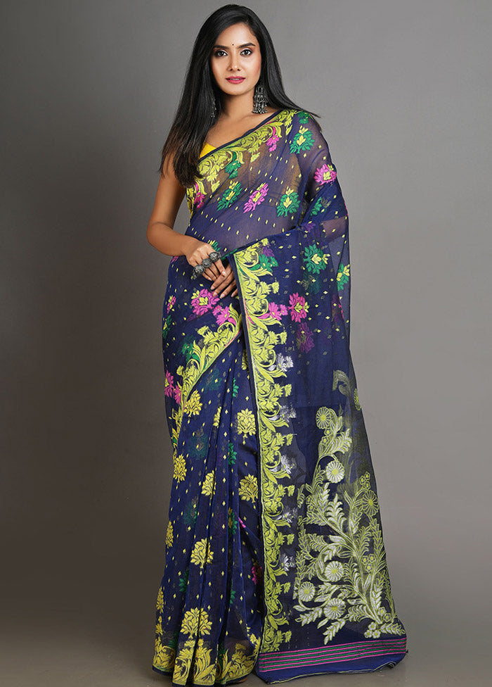 Blue Tant Jamdani Saree Without Blouse Piece - Indian Silk House Agencies