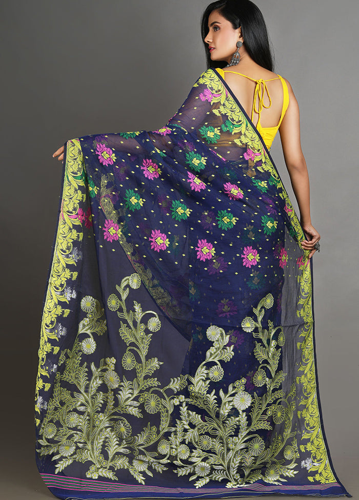 Blue Tant Jamdani Saree Without Blouse Piece - Indian Silk House Agencies