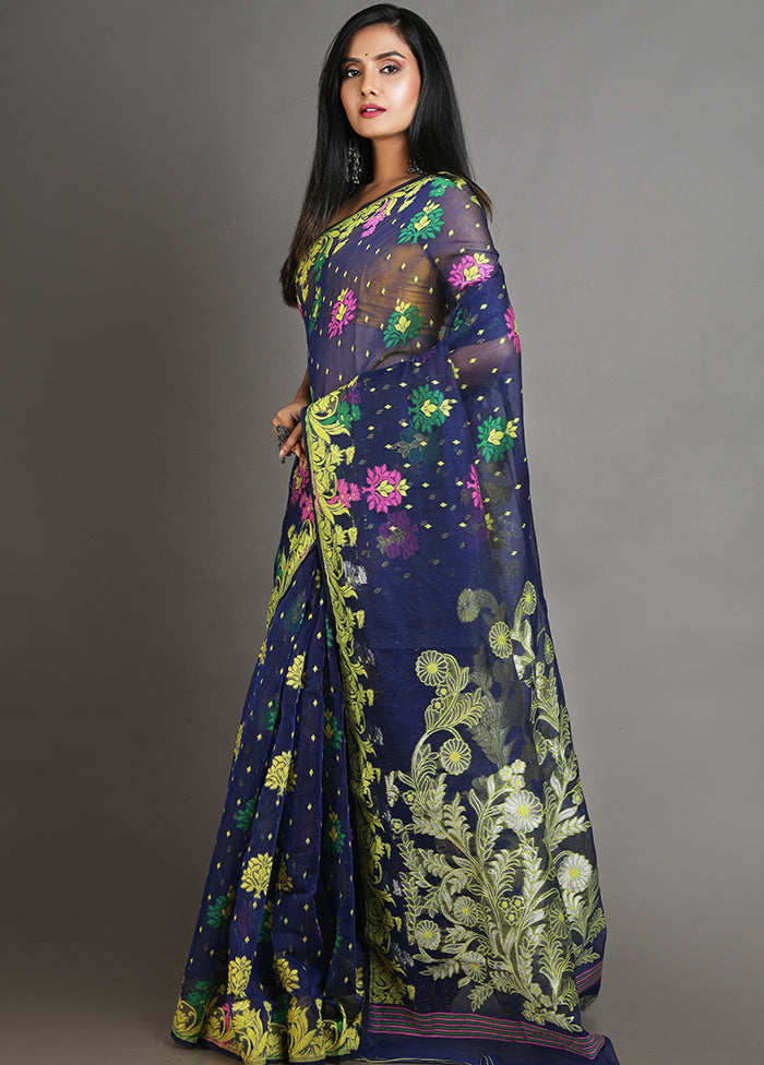 Blue Tant Jamdani Saree Without Blouse Piece - Indian Silk House Agencies