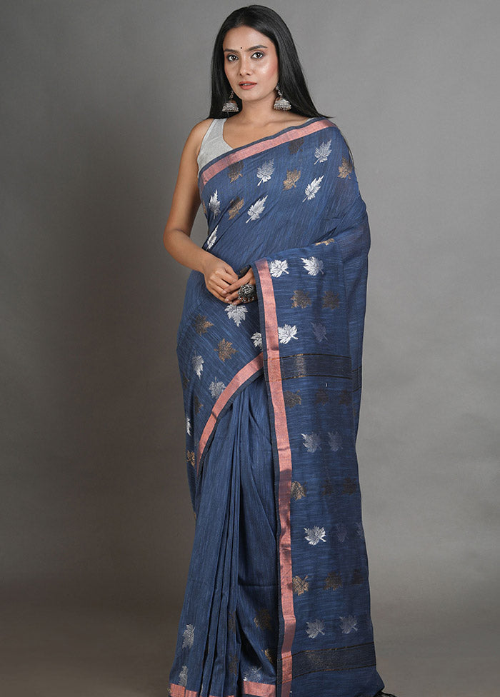 Blue Linen Silk Saree With Blouse Piece - Indian Silk House Agencies