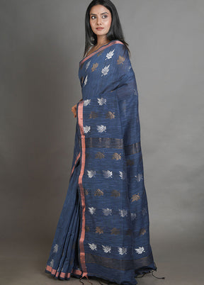 Blue Linen Silk Saree With Blouse Piece - Indian Silk House Agencies