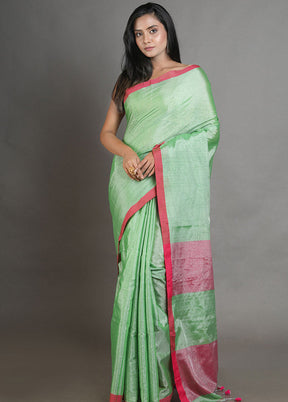 Tea Green Linen Silk Saree With Blouse Piece - Indian Silk House Agencies