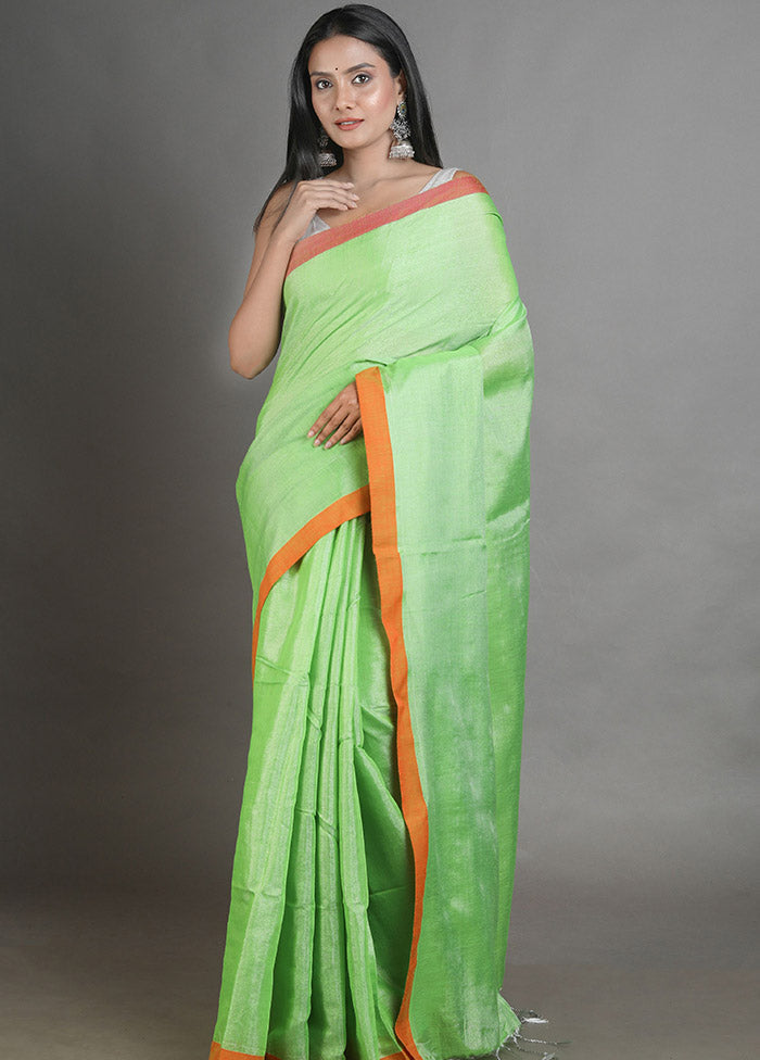 Green Spun Silk Saree With Blouse Piece - Indian Silk House Agencies