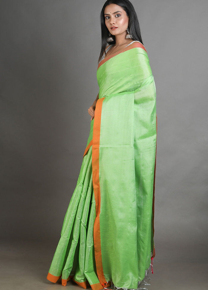 Green Spun Silk Saree With Blouse Piece - Indian Silk House Agencies