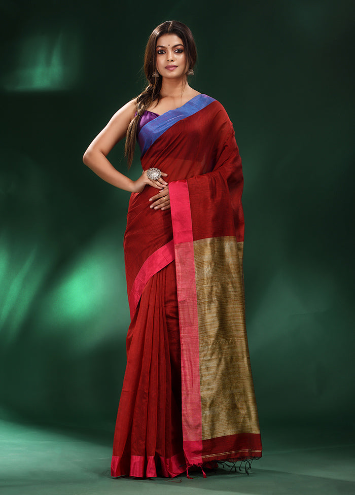 Red Cotton Saree With Blouse Piece - Indian Silk House Agencies