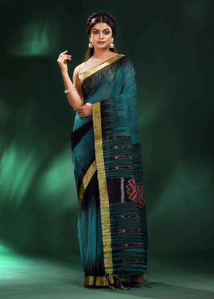 Teal Cotton Saree With Blouse Piece - Indian Silk House Agencies