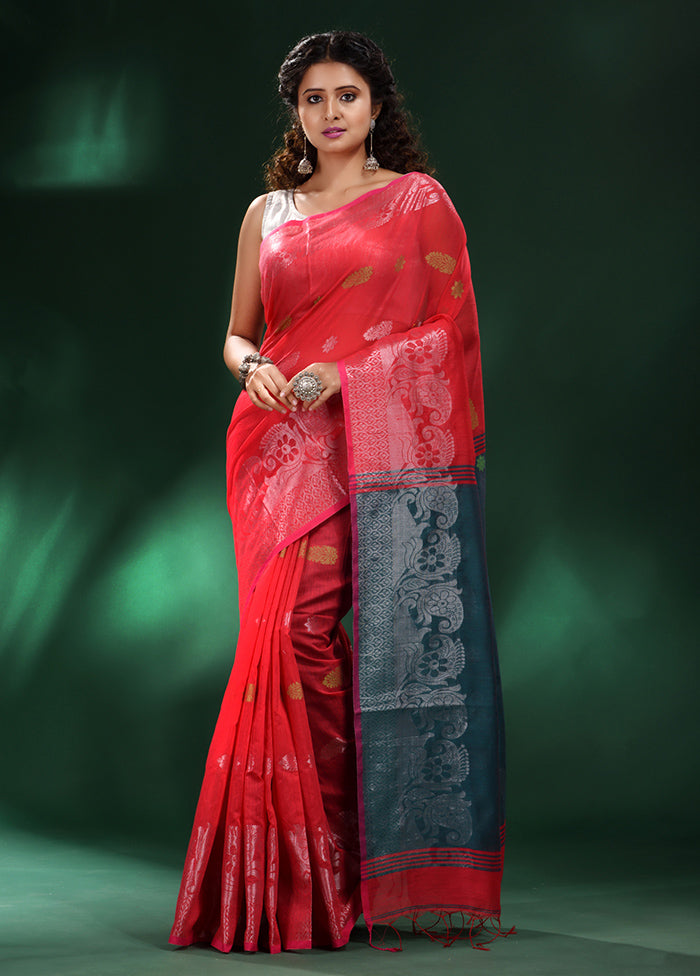 Red Cotton Saree With Blouse Piece - Indian Silk House Agencies