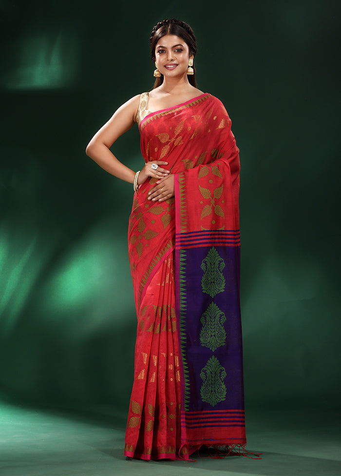 Red Cotton Saree With Blouse Piece - Indian Silk House Agencies