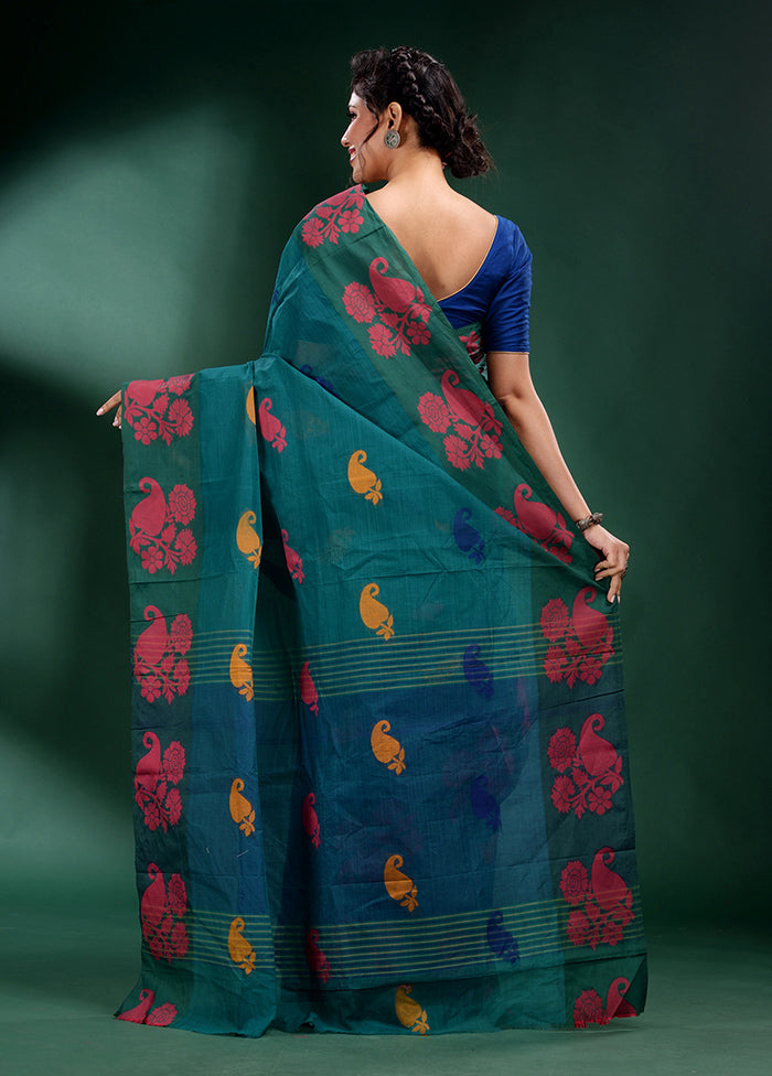 Teal Cotton Saree With Blouse Piece - Indian Silk House Agencies