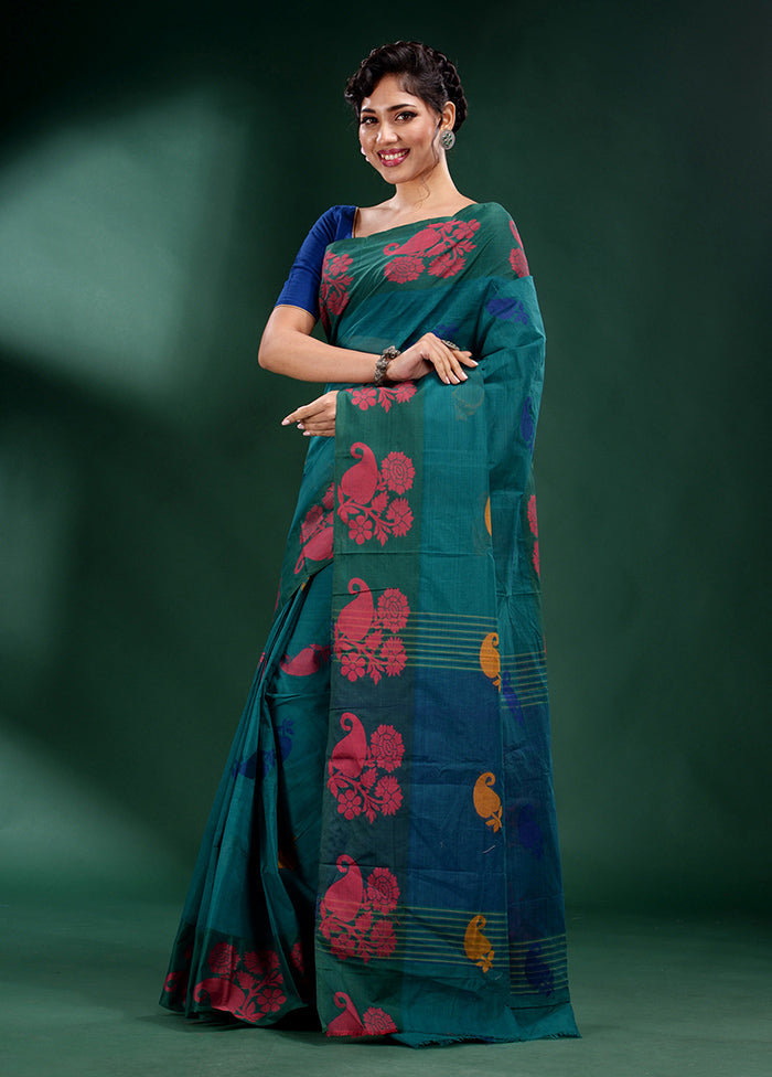 Teal Cotton Saree With Blouse Piece - Indian Silk House Agencies