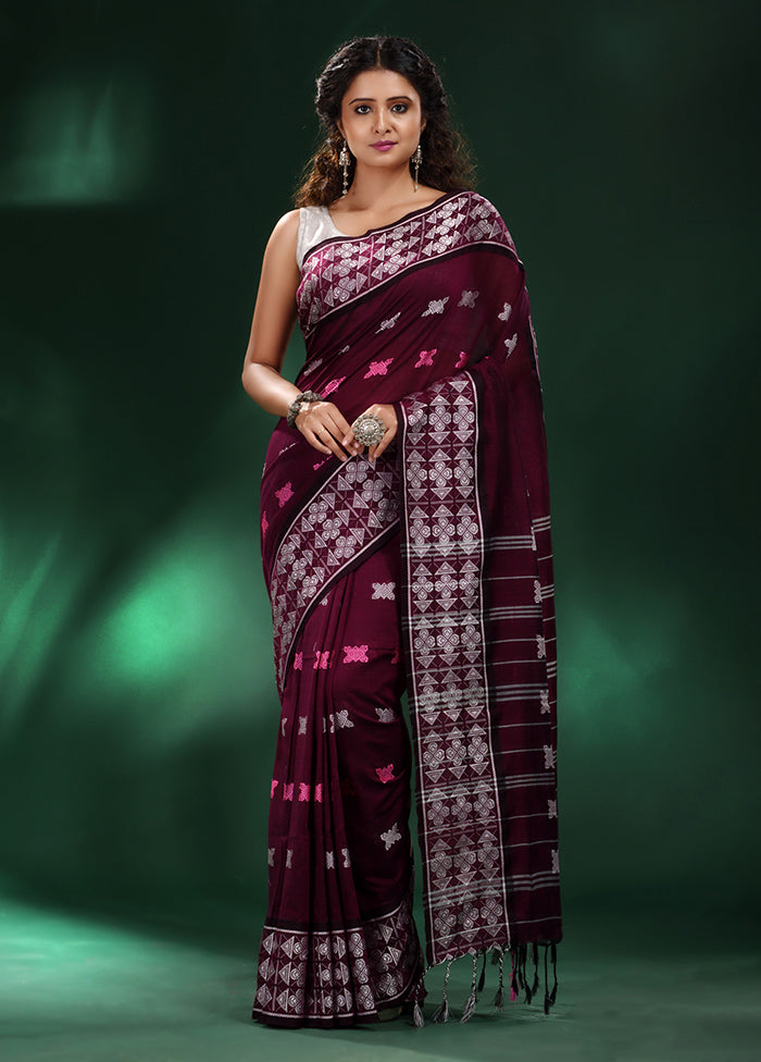 Wine Cotton Saree With Blouse Piece - Indian Silk House Agencies